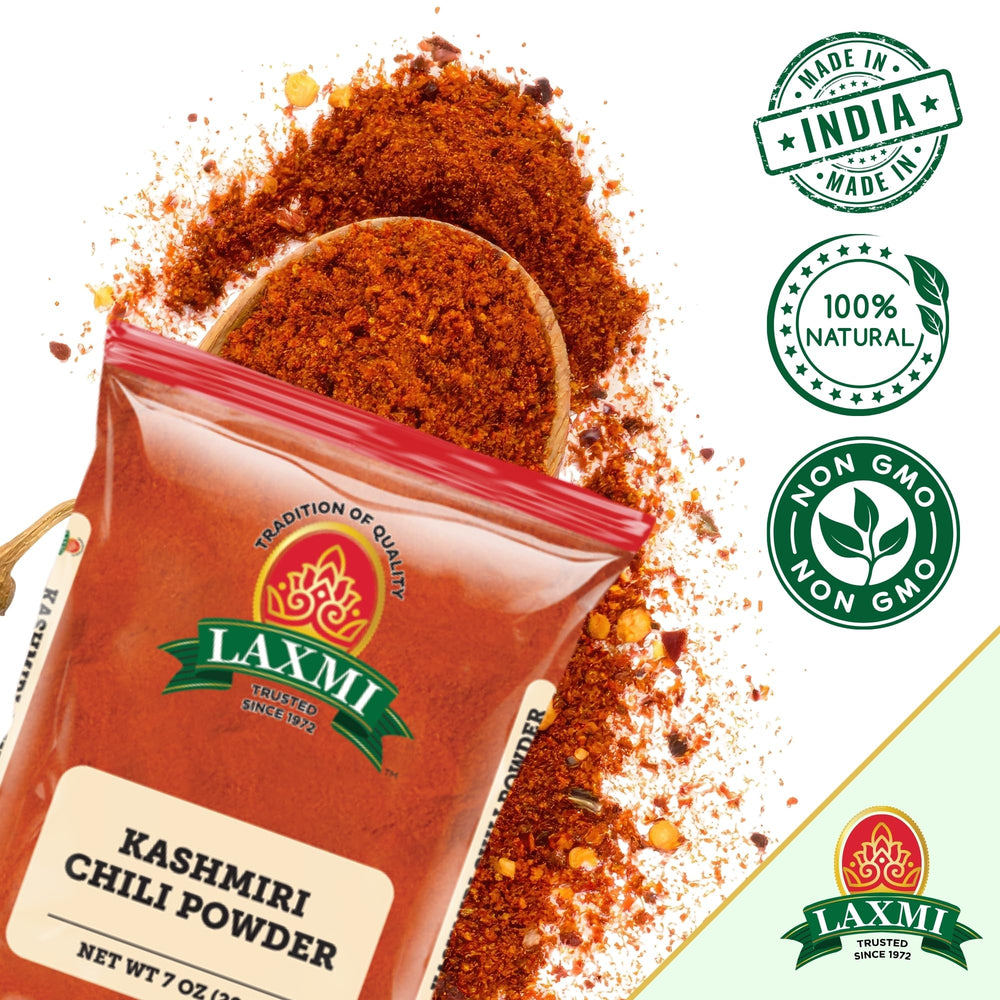 LAXMI Kashmiri chili powder shows rich red hue ideal for authentic Indian dishes.