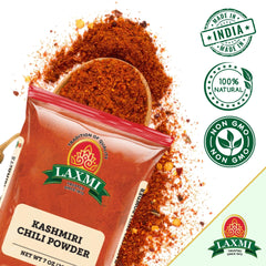 LAXMI Kashmiri chili powder shows rich red hue ideal for authentic Indian dishes.