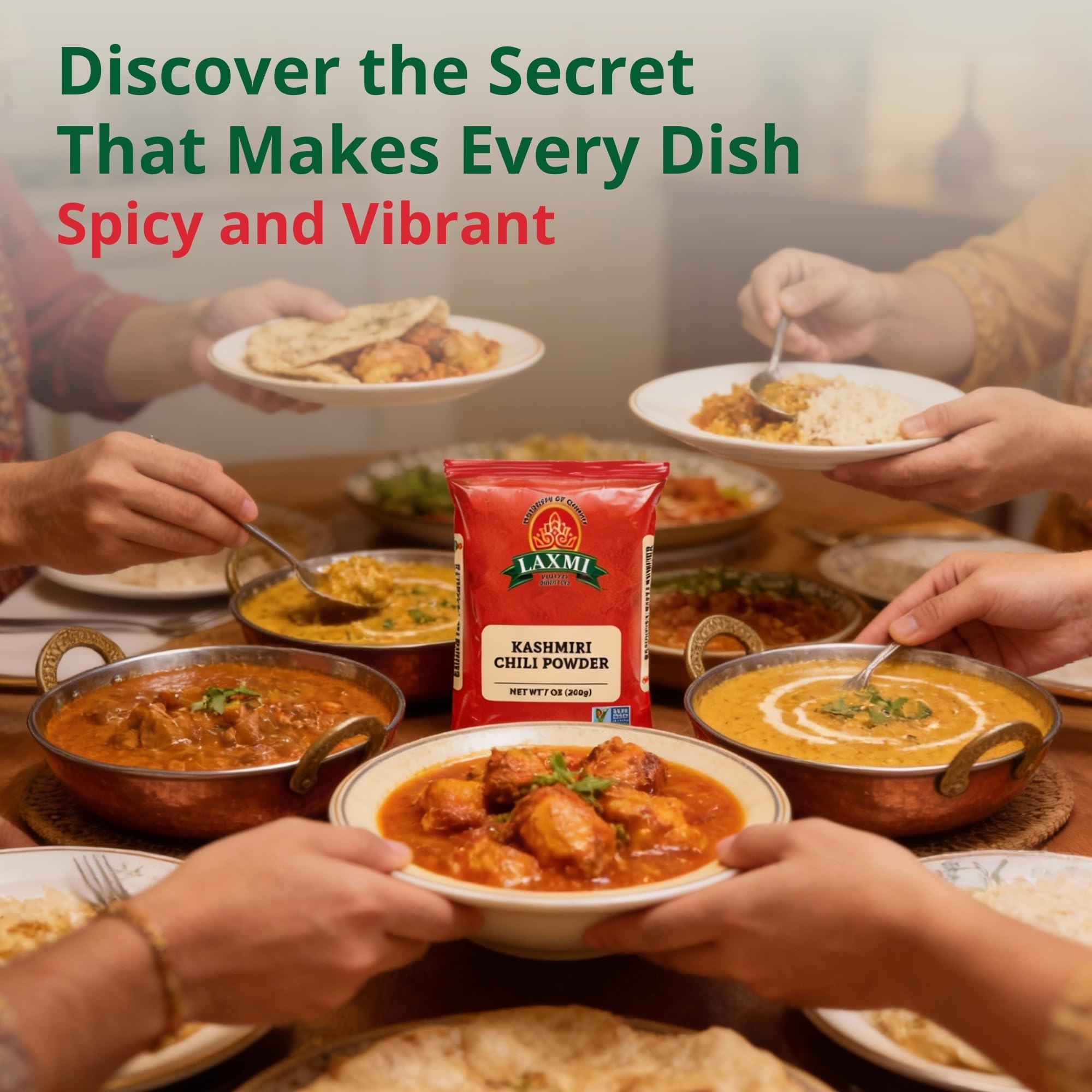 LAXMI Kashmiri chili powder in a seasoning bowl enhances aroma and color.