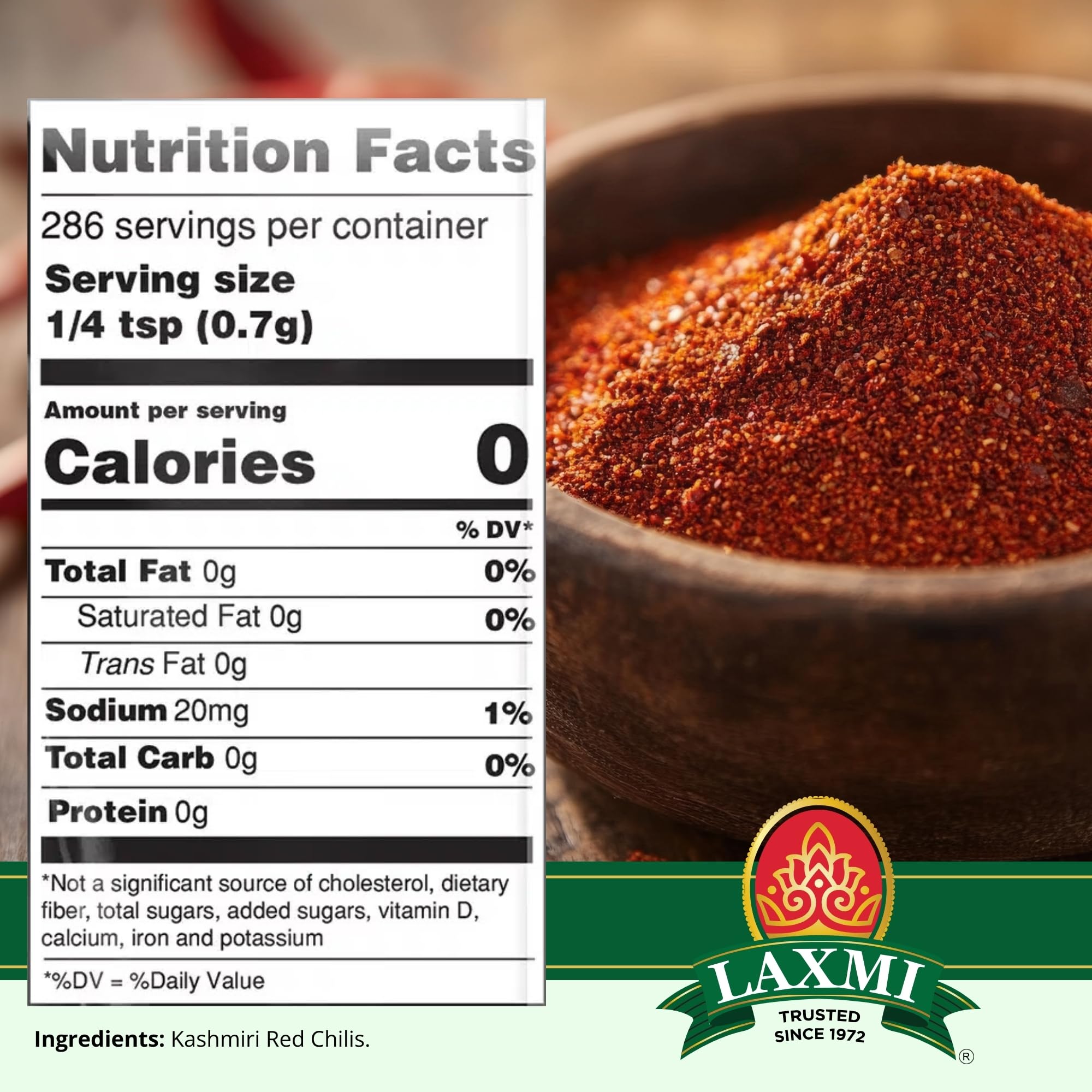 LAXMI Kashmiri chili powder pours from a spoon, ready for quick meals.
