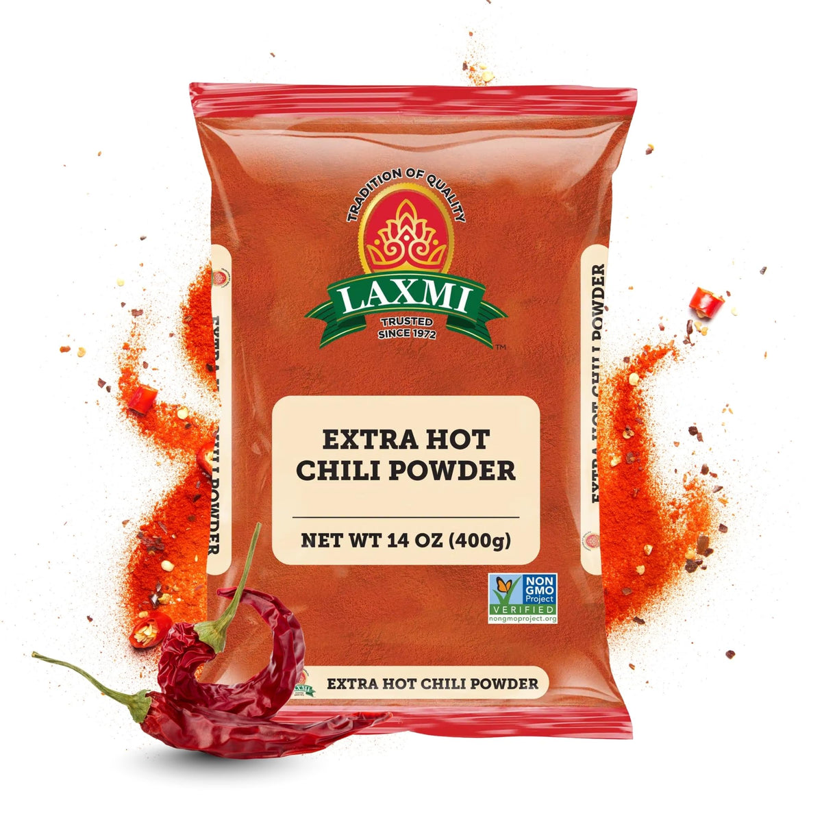 LAXMI Kashmiri Xtra Hot Chili Powder bottle shows bold heat for authentic Indian flavor