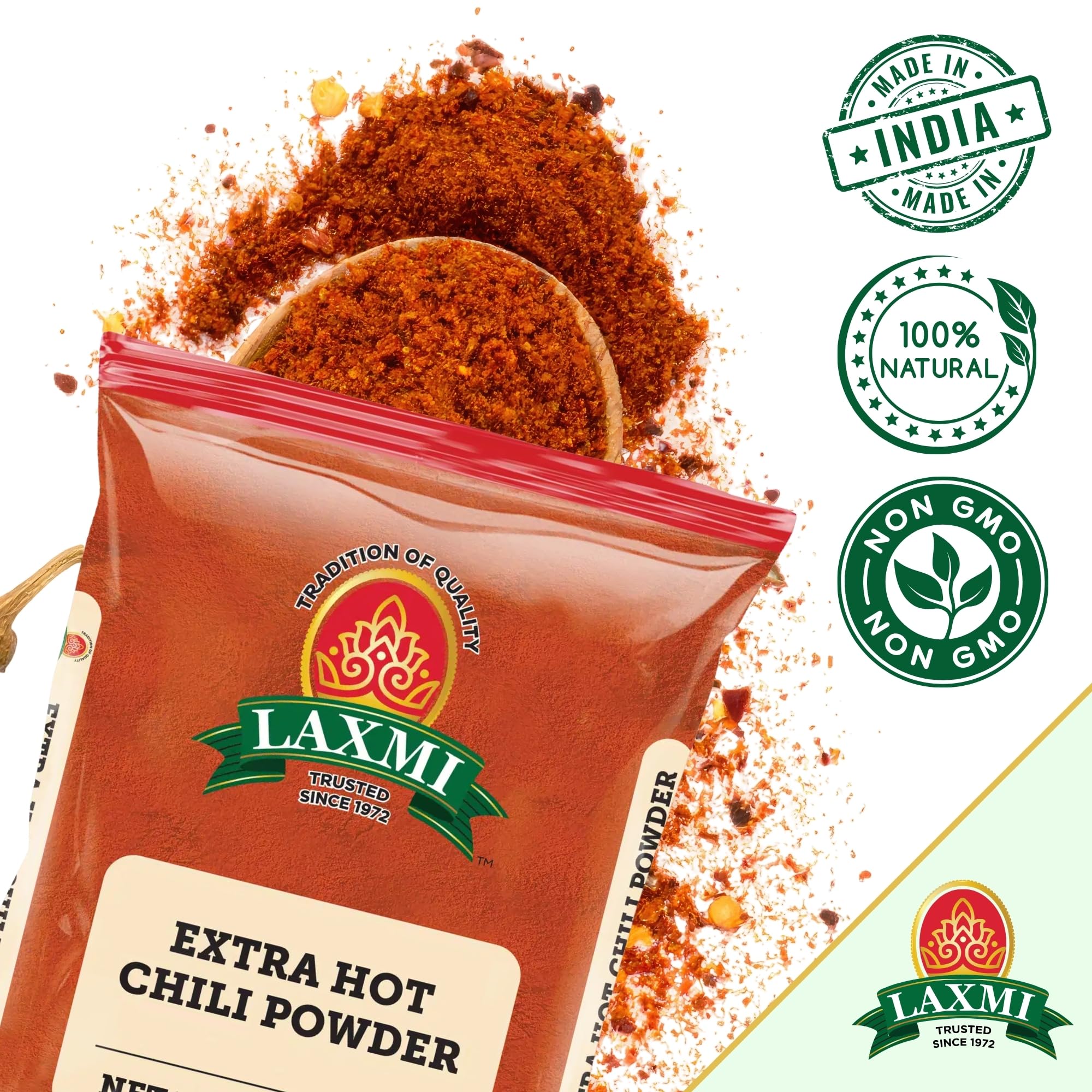 LAXMI Kashmiri Xtra Hot Chili Powder jar label highlights vegan NON-GMO quality