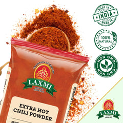 LAXMI Kashmiri Xtra Hot Chili Powder jar label highlights vegan NON-GMO quality
