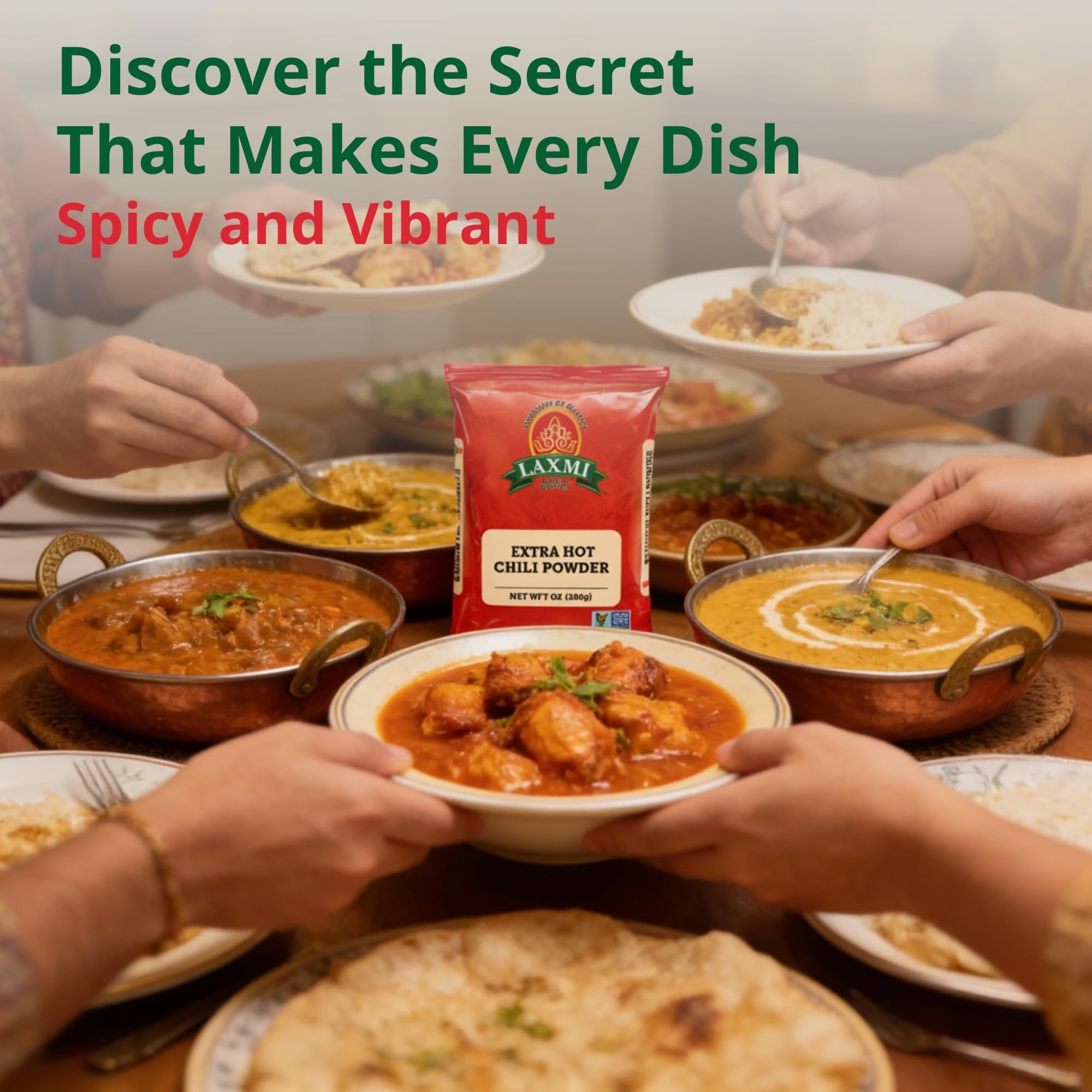 Spice rack featuring LAXMI Kashmiri Xtra Hot Chili Powder for everyday cooking