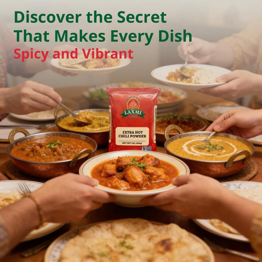 Spice rack featuring LAXMI Kashmiri Xtra Hot Chili Powder for everyday cooking