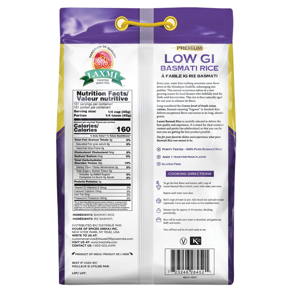 Laxmi lower glycemic index basmati rice bag offers versatile use in meals.