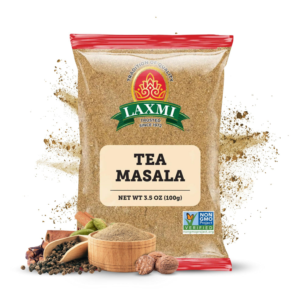 LAXMI Natural Tea Masala pack shot showing ready-to-use spice blend for chai.