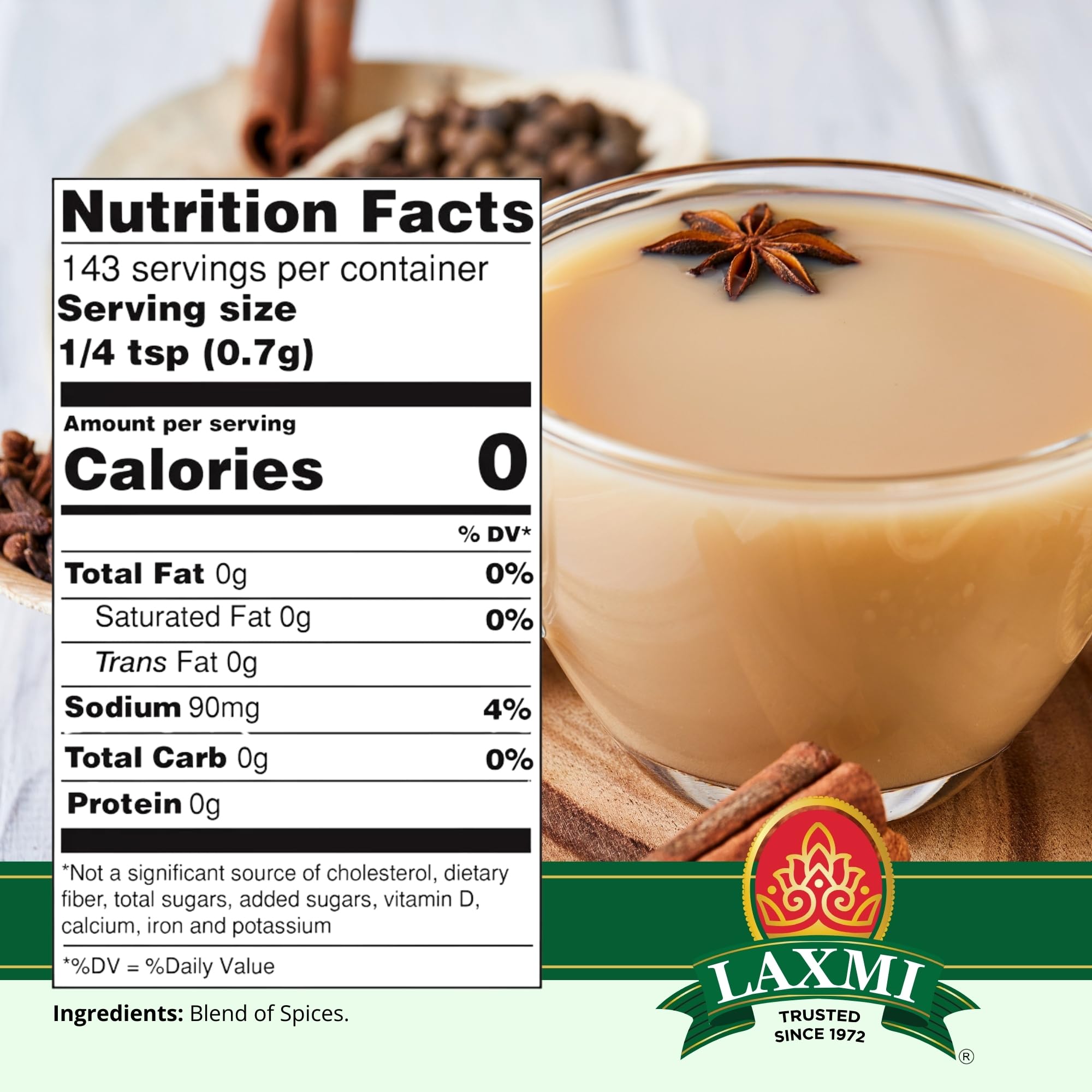LAXMI Natural Tea Masala spice blend closeup ideal for aromatic chai.