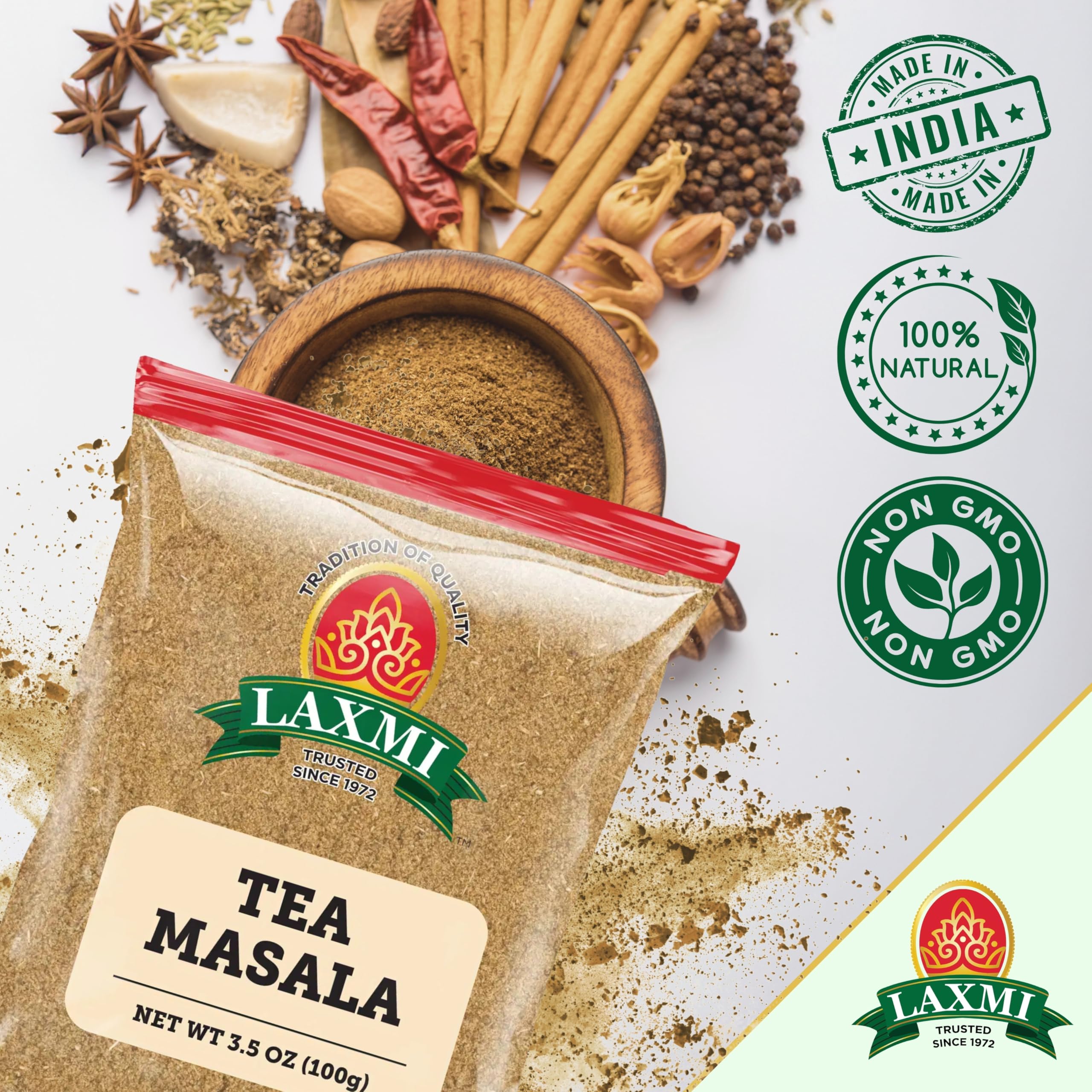 LAXMI Natural Tea Masala chai brew steaming cup enriched flavor.