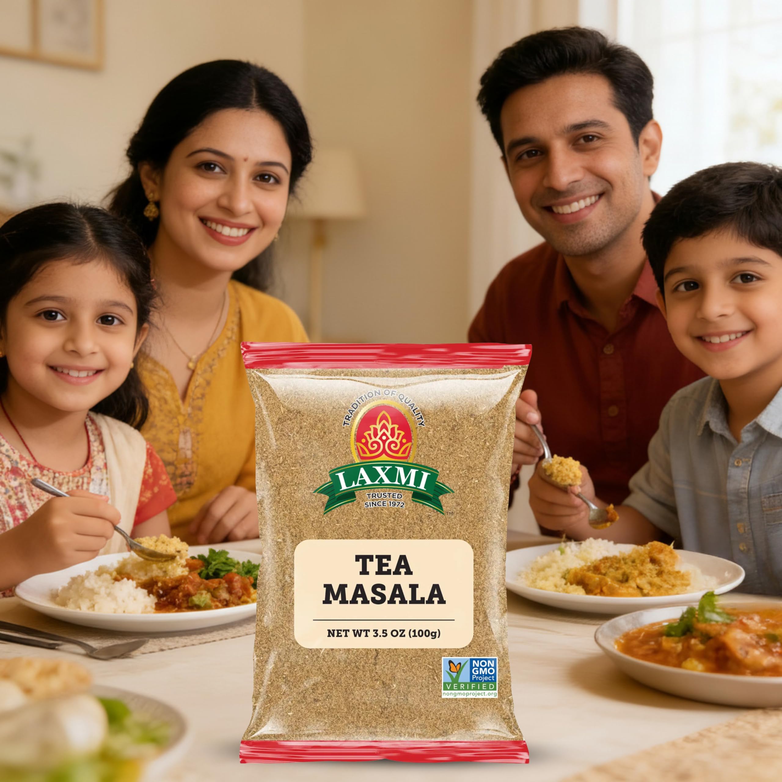 LAXMI Natural Tea Masala reseal-pack feature closeup emphasizing convenience.