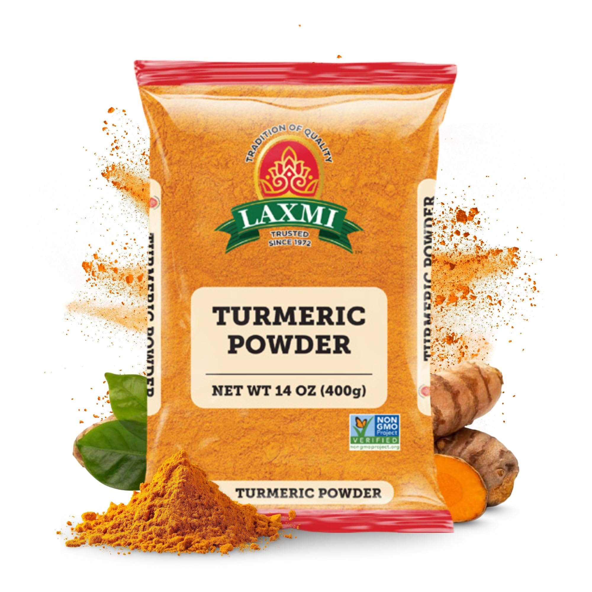 Laxmi Turmeric Powder 14oz packaging signals pure quality for authentic curries