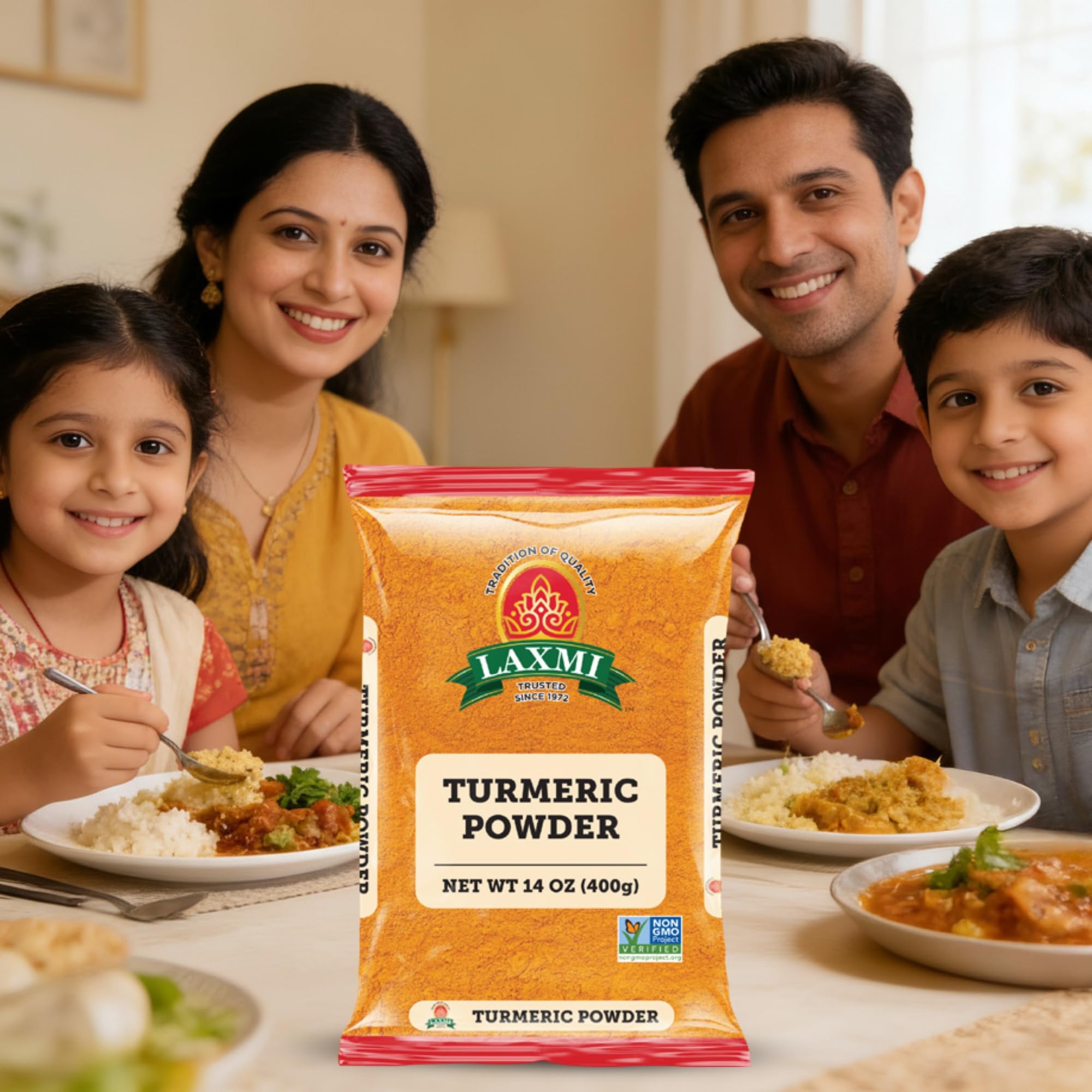 Laxmi Turmeric Powder on kitchen counter invites everyday cooking