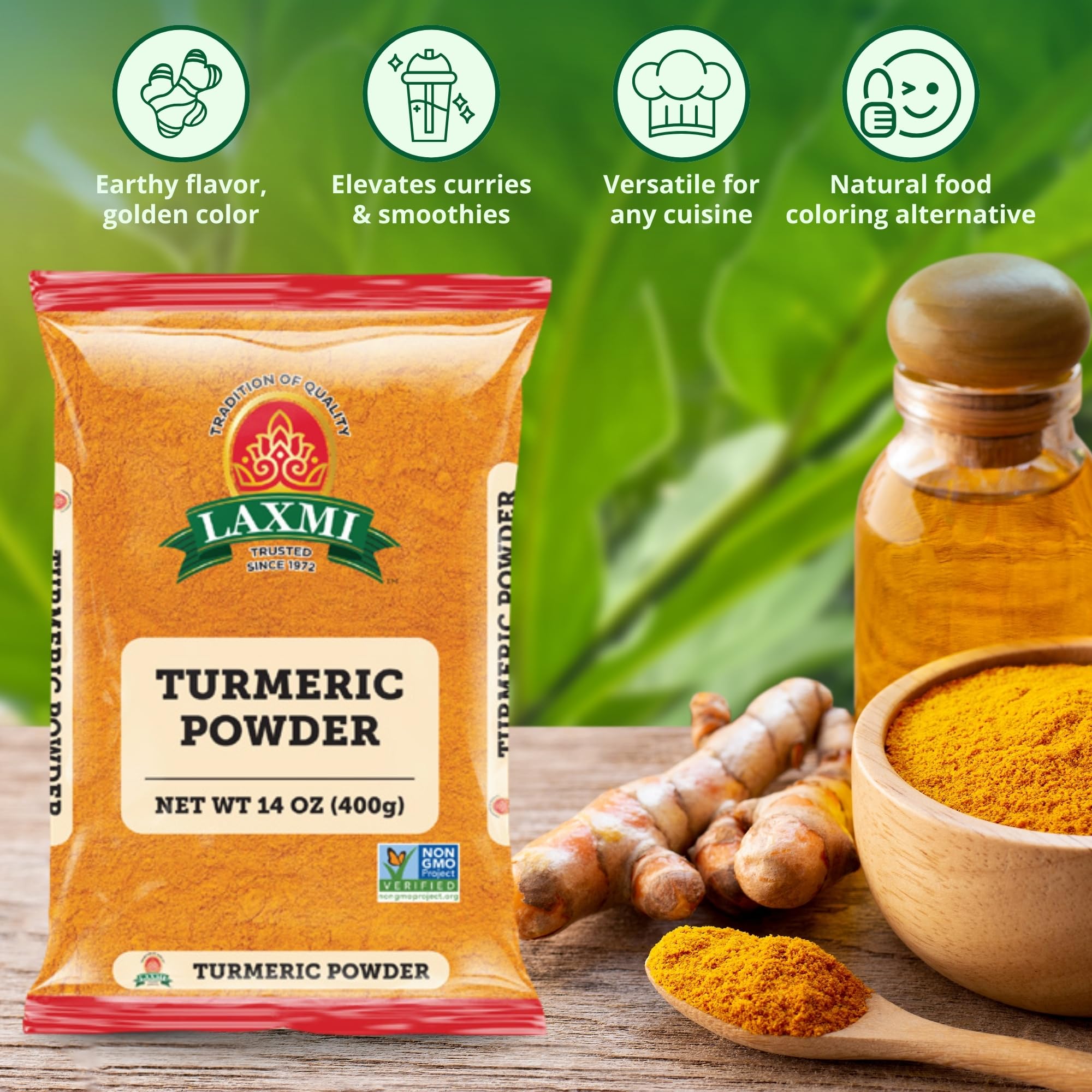 Laxmi Turmeric Powder label close-up highlights non-GMO certification