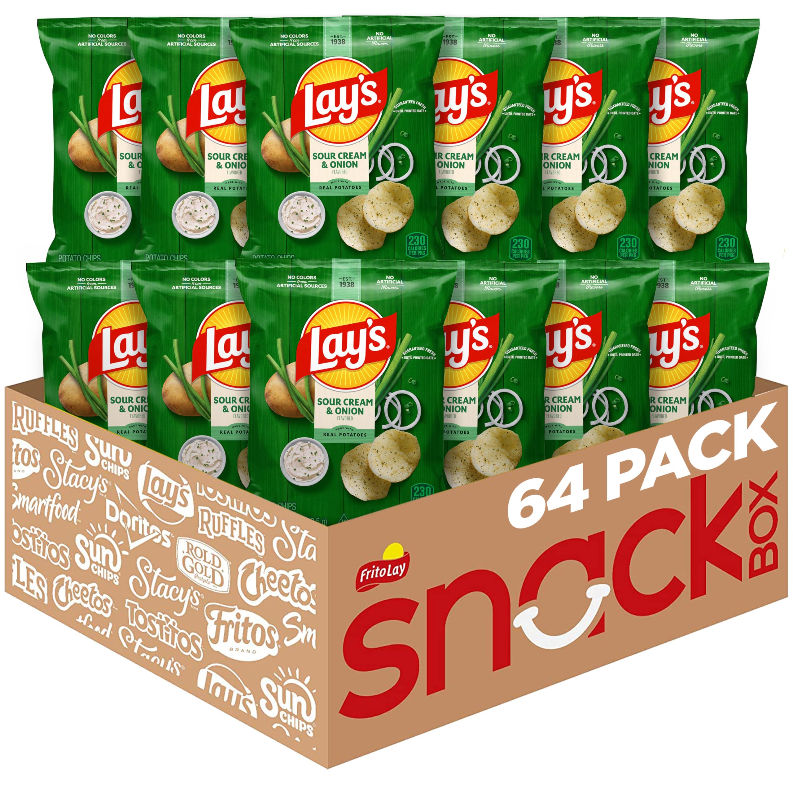 Lay's Sour Cream & Onion chips in a 64-pack bag, ideal for gatherings.