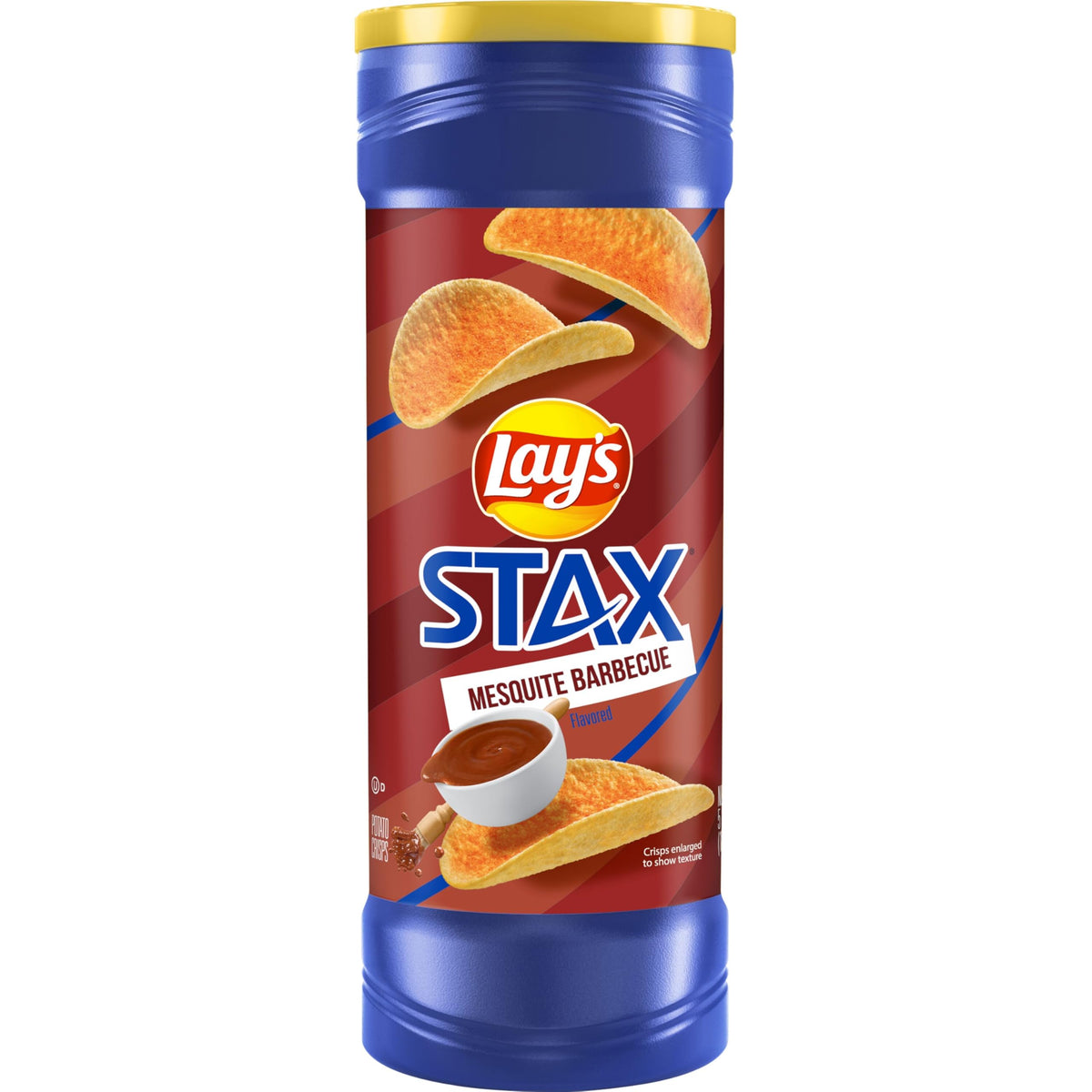 Lay’s Stax Mesquite BBQ canister with gluten-free, smoky crunch.