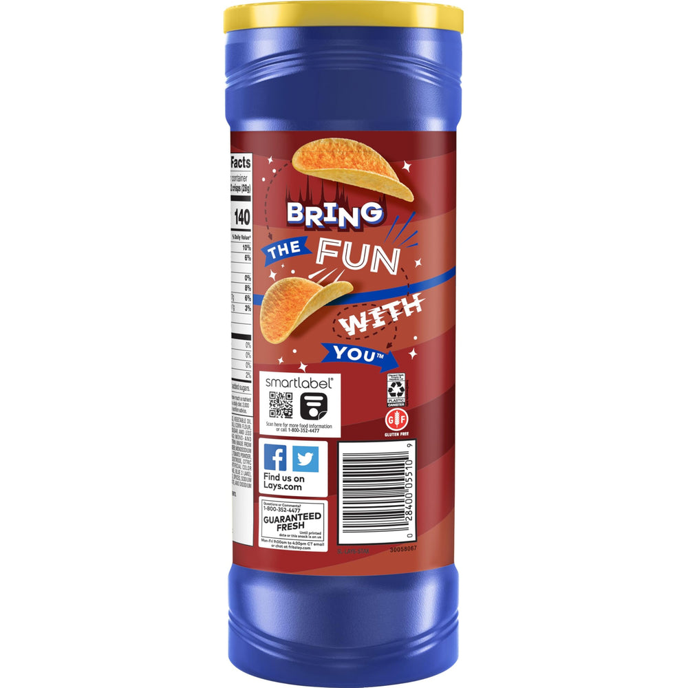 Lay’s Stax Mesquite BBQ snack highlighting gluten-free status and convenient portability.