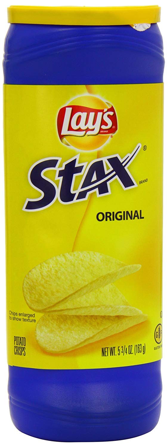 Lay's Stax Original canister close-up showing crisp layers for on-the-go snacking.