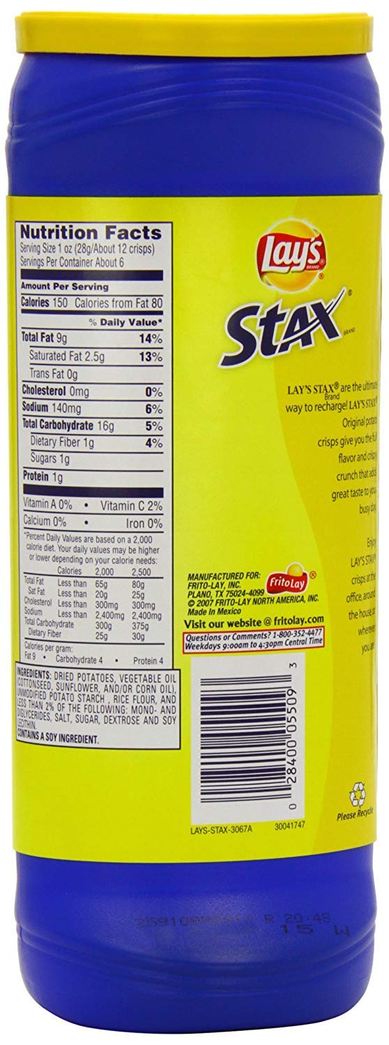 Lay's Stax Original potato crisps arranged on a plate, ideal for lunch breaks and sharing.