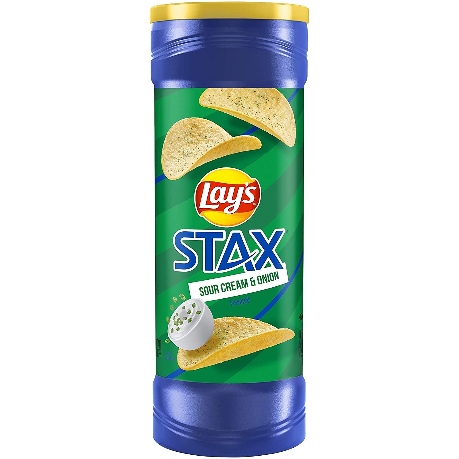 Lay's Stax Sour Cream & Onion canister front view for quick snacking.