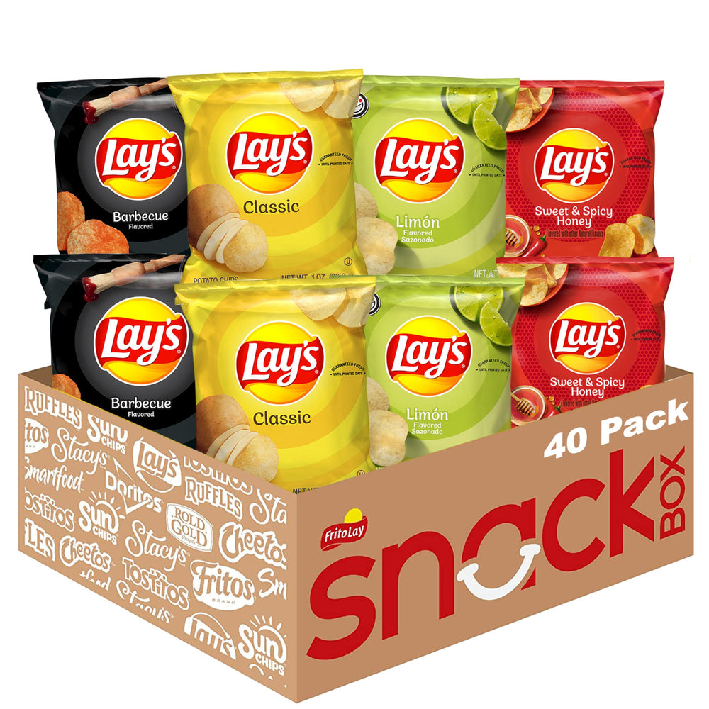 Lay's variety pack display with four flavors for versatile snacking