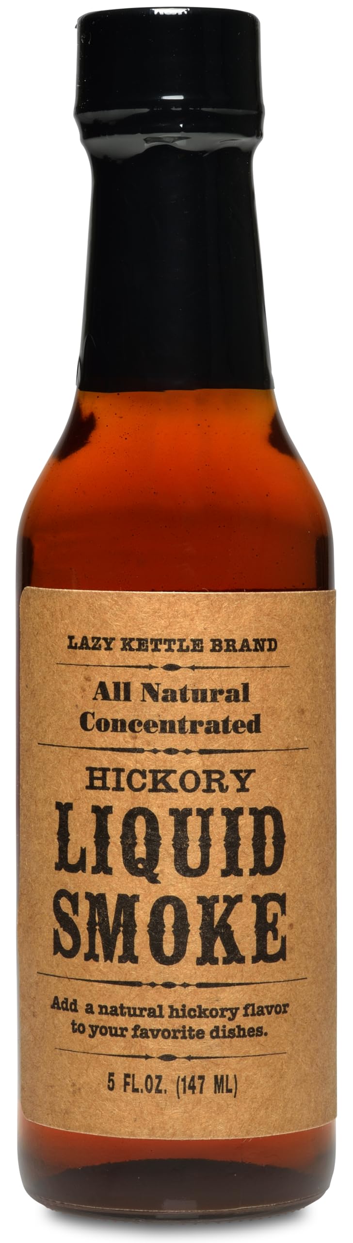 Lazy Kettle Liquid Smoke bottle pour adds authentic hickory flavor to smoked meats.
