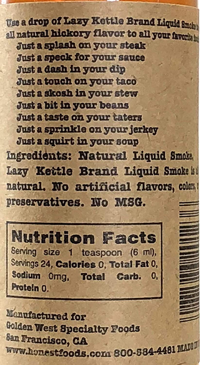 Lazy Kettle Liquid Smoke hickory essence enhances grilled dishes with bold smoky notes.