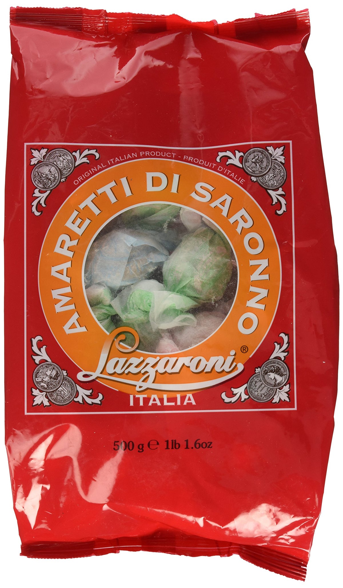 Lazzaroni Amaretti refill bag closeup, ideal for gifting and sharing.