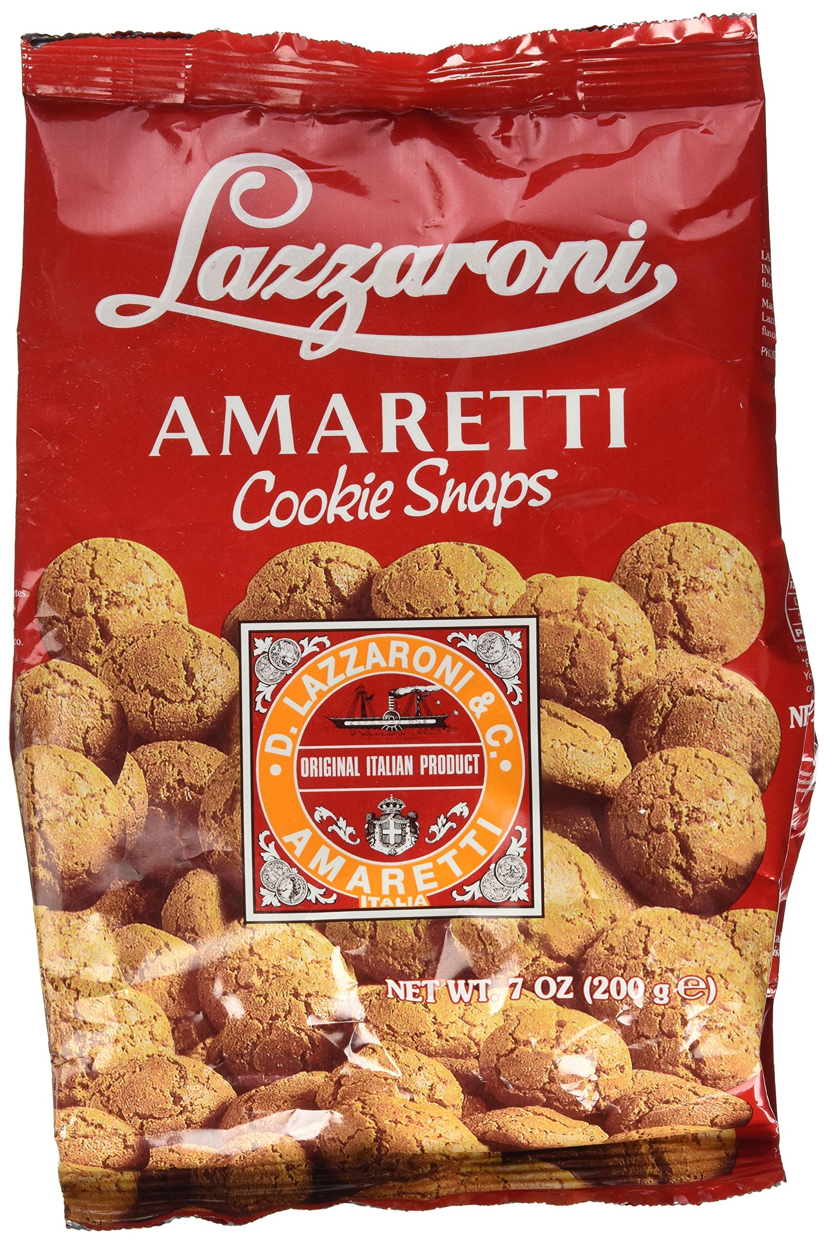 Lazzaroni Amaretti Snaps 7oz pack on a plate, ideal with coffee.