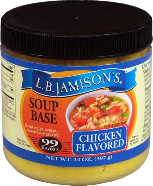 L.B. Jamison's Chicken Flavored Soup Base jar opened for quick homemade meals.