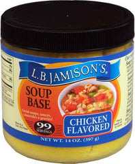 L.B. Jamison's Chicken Flavored Soup Base jar opened for quick homemade meals.
