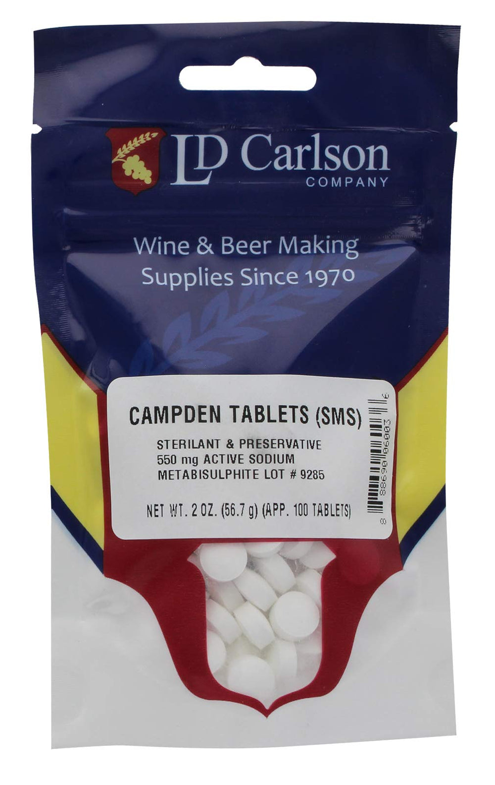 LD Carlson Sodium Campden tablets bottle for wine making and oxidation protection.