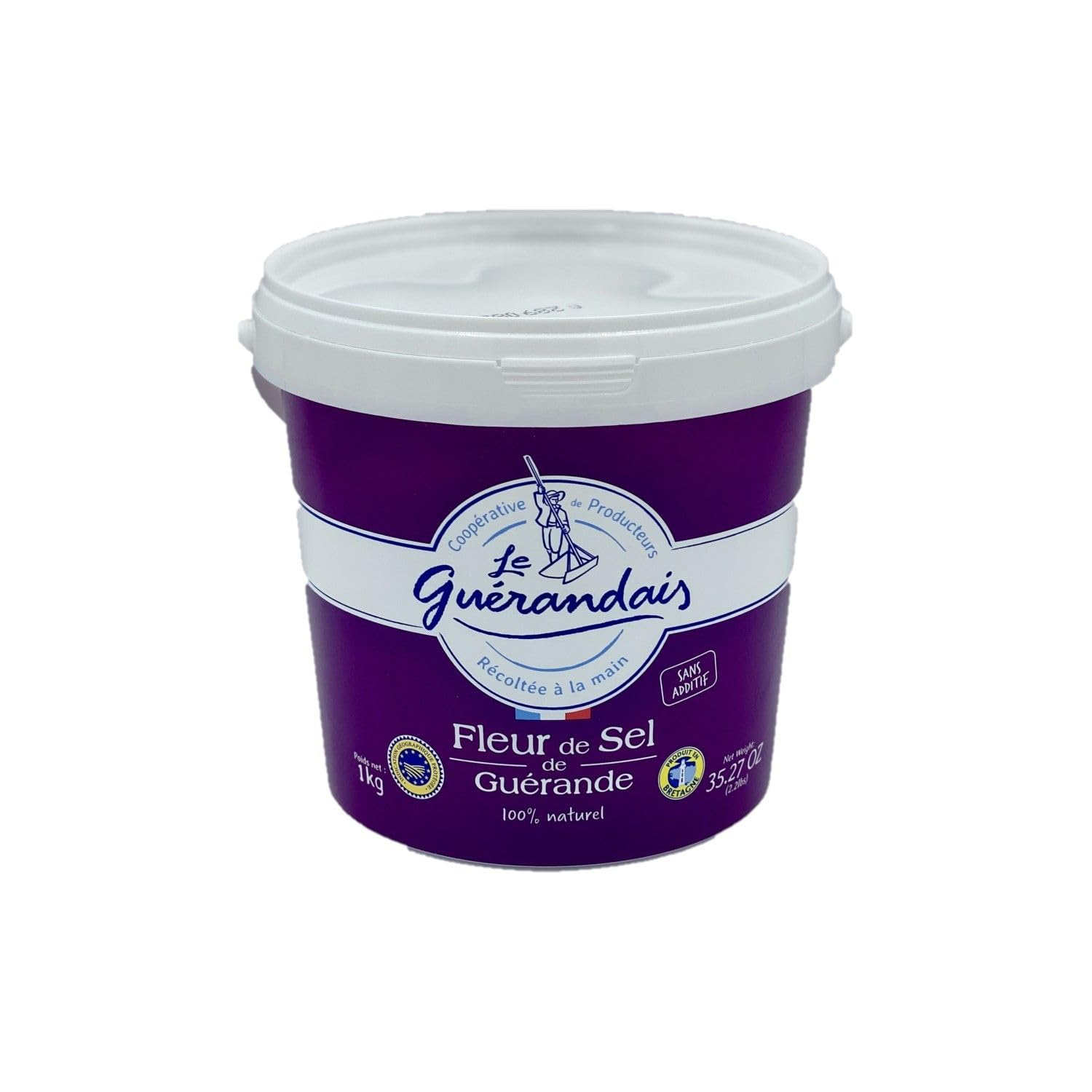 Le Guerandais French sea salt in a Guerande pail with top-layer crystals for finishing