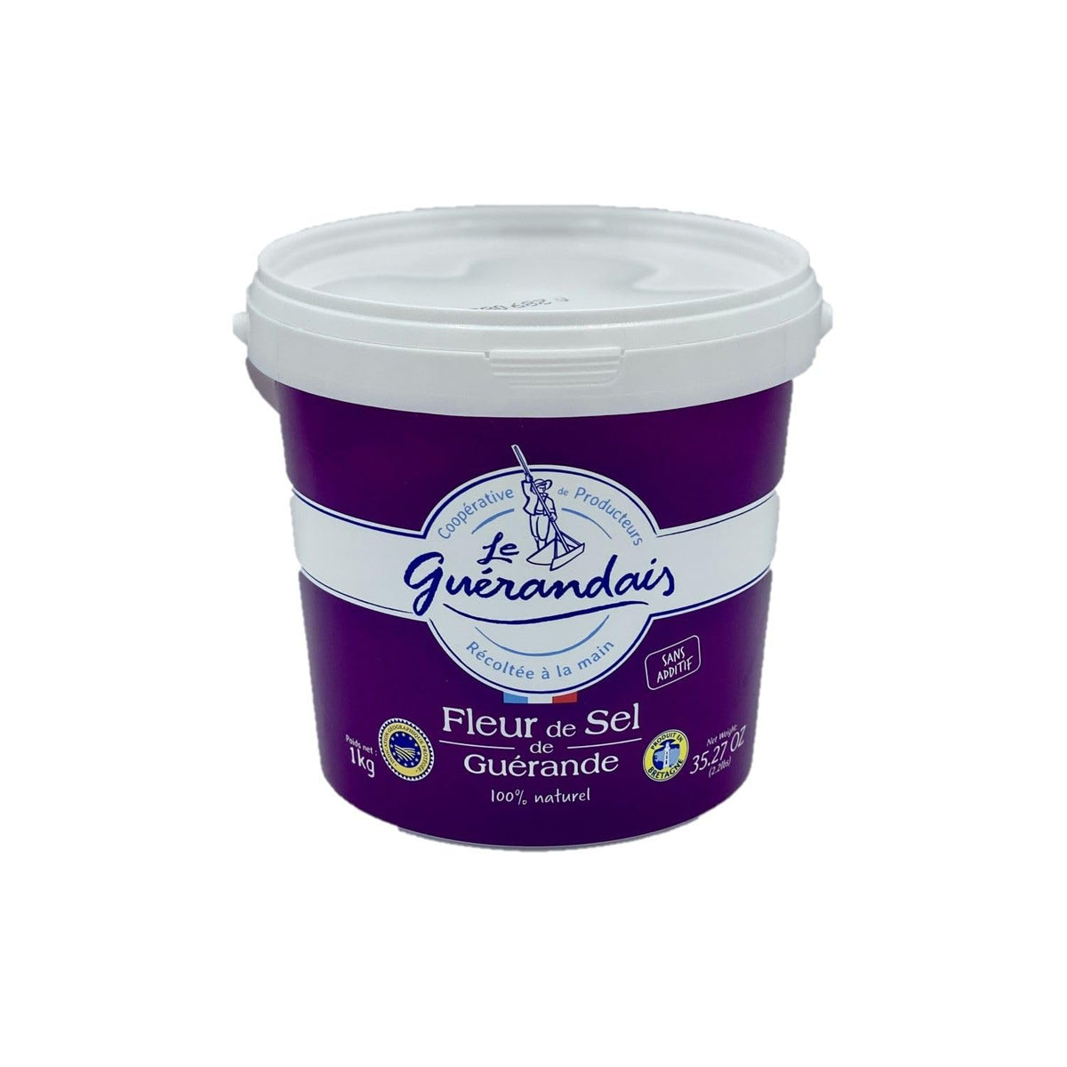 Le Guerandais French sea salt in a Guerande pail with top-layer crystals for finishing