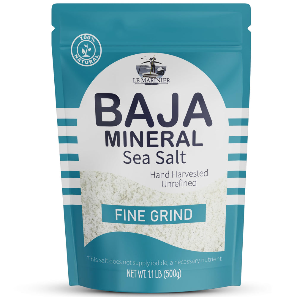 Le Marinier Baja Mineral Sea Salt fine grind bottle showcases precise finishing crystals.