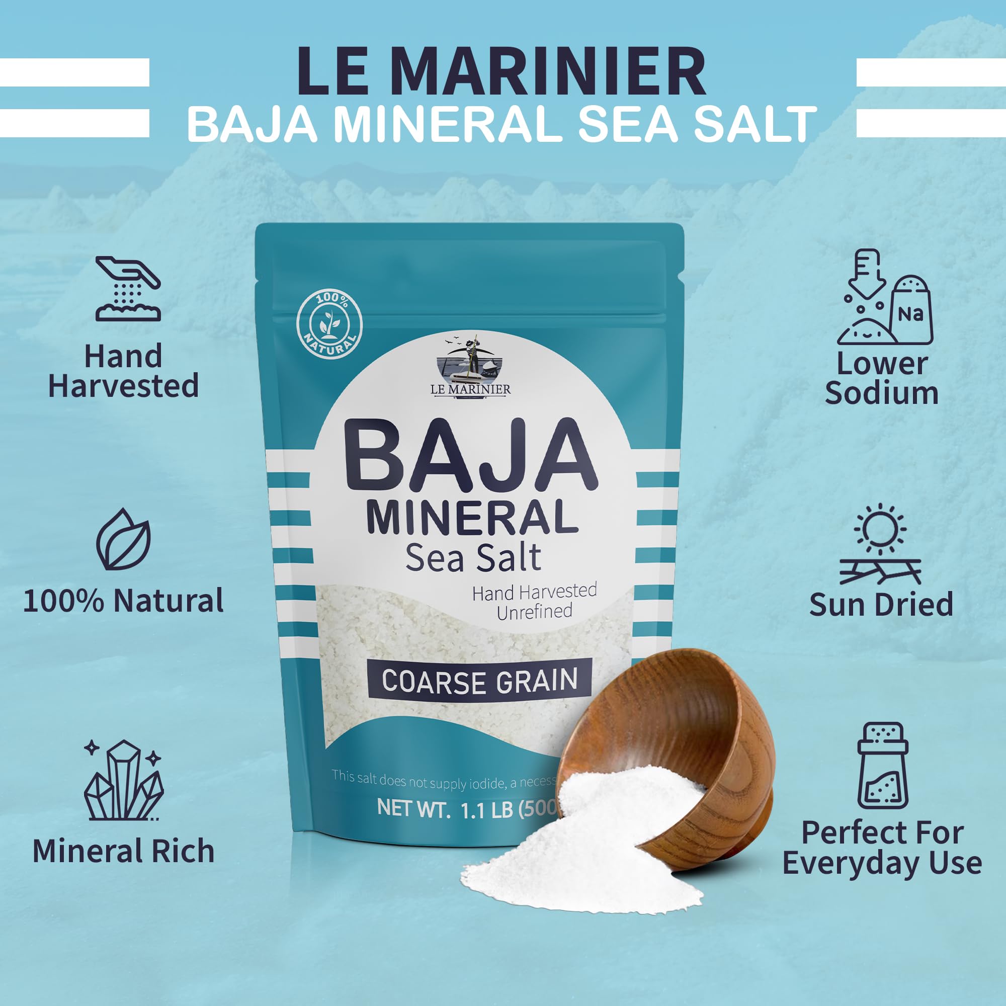 Le Marinier Baja salt crystal close-up highlights natural unrefined texture.