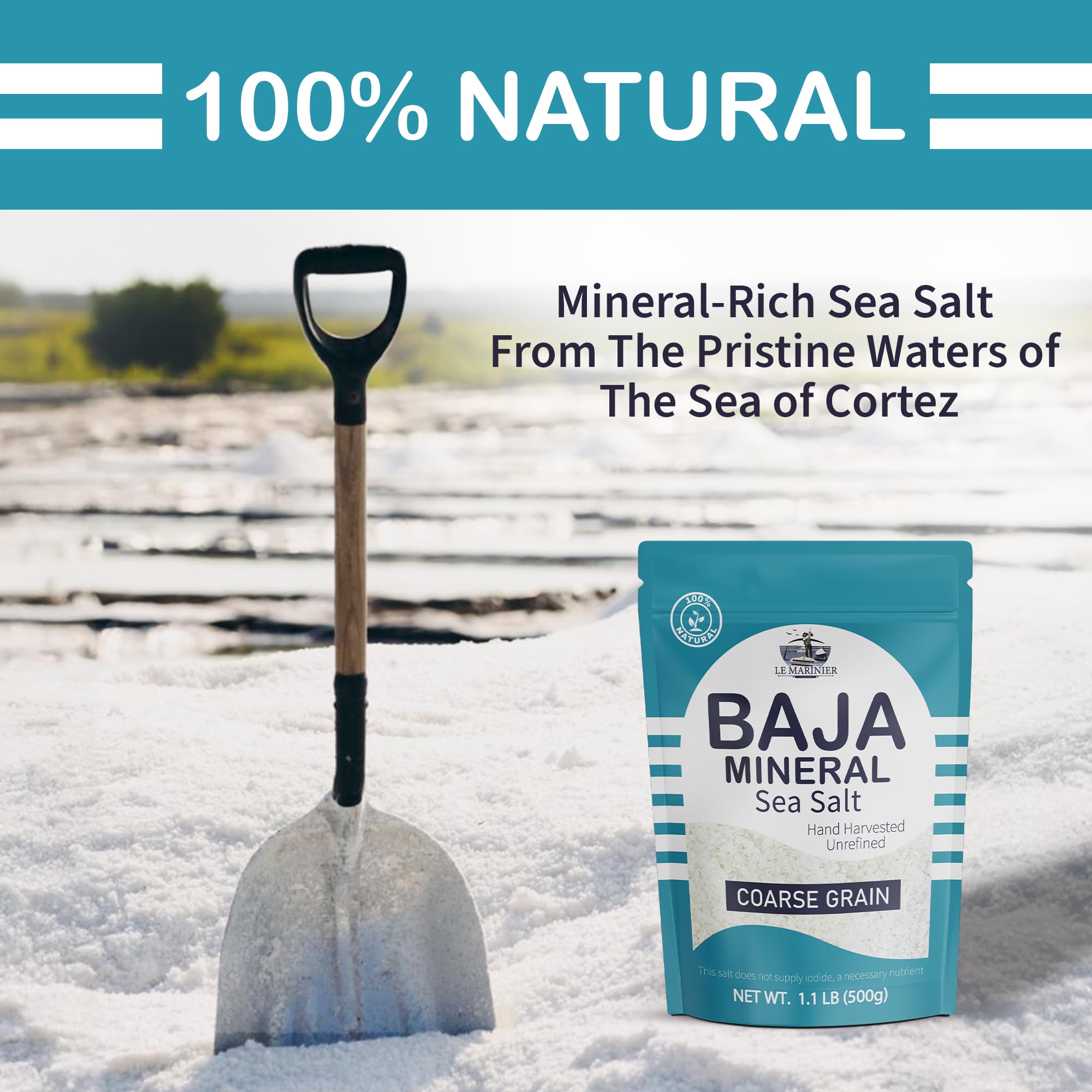 Le Marinier Baja salt being hand-harvested emphasizes artisanal quality.