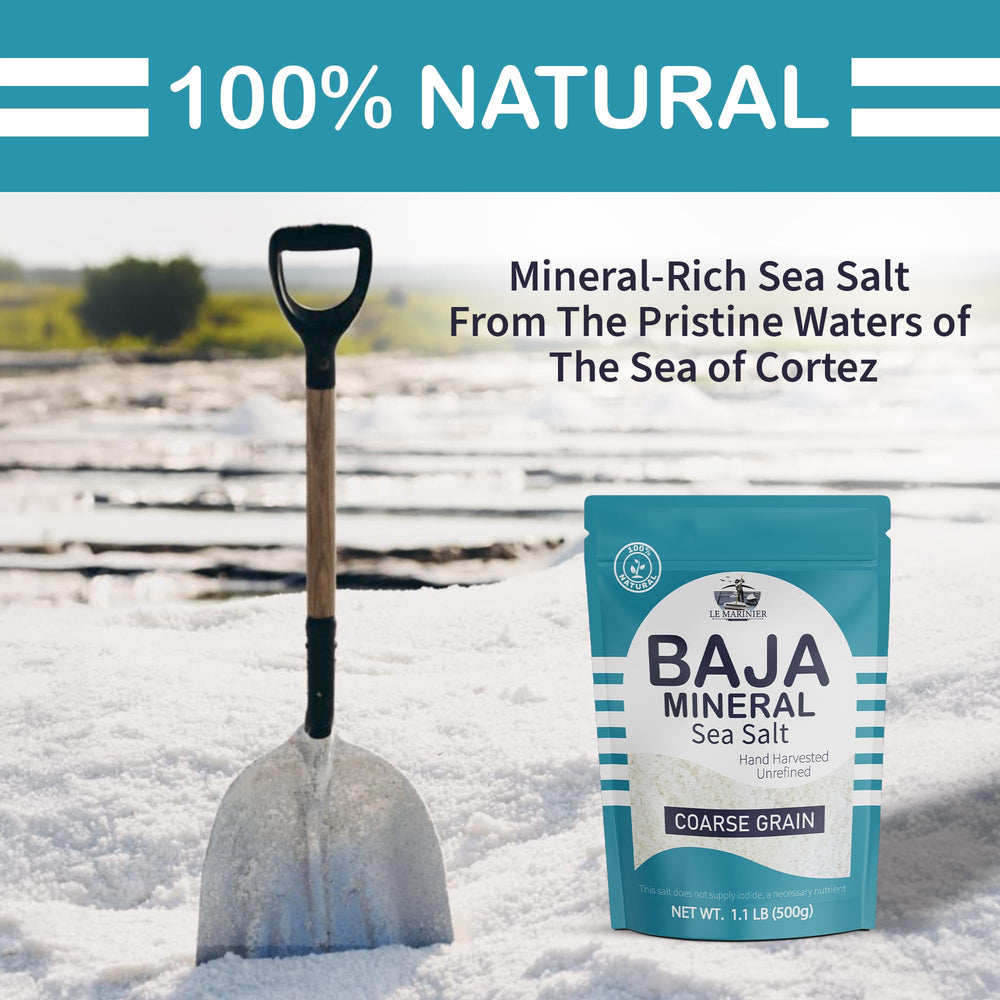 Le Marinier Baja salt being hand-harvested emphasizes artisanal quality.