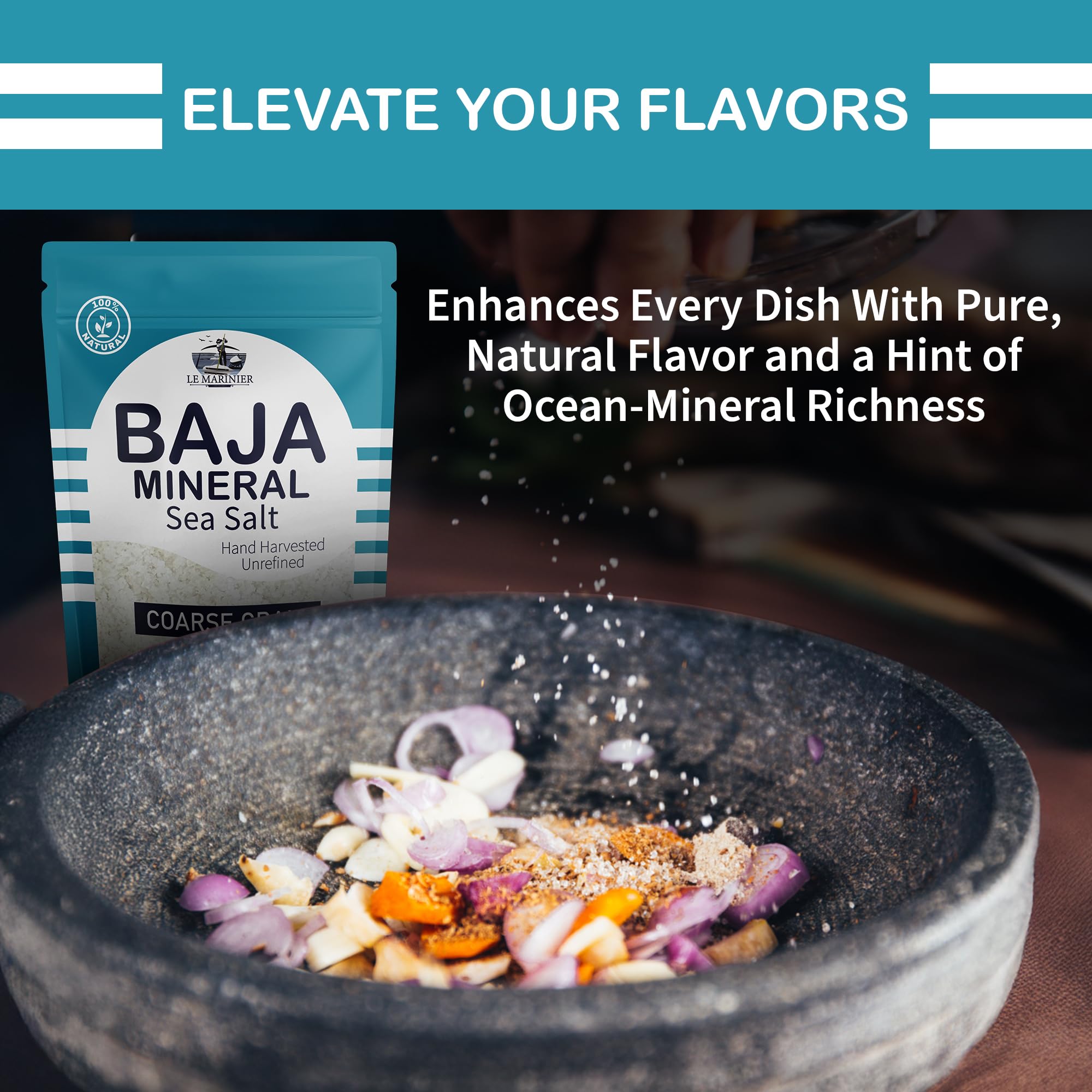 Le Marinier Baja salt shaker on kitchen counter signals versatile seasoning.