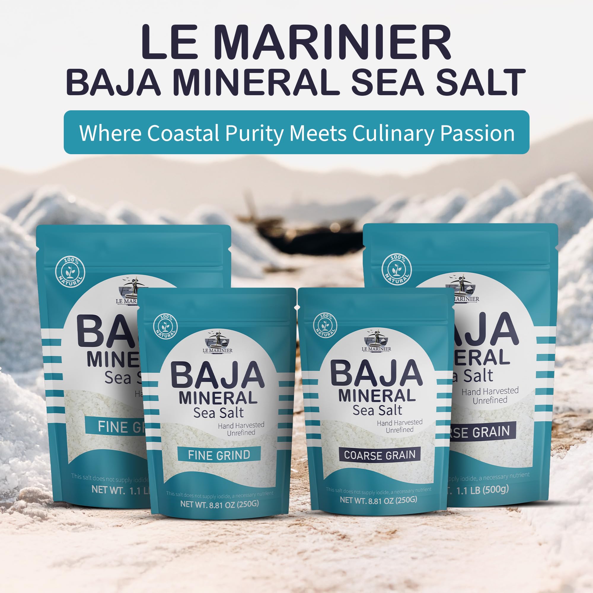 Le Marinier Baja salt product photography emphasizes eco-friendly reclaimed sea harvest.