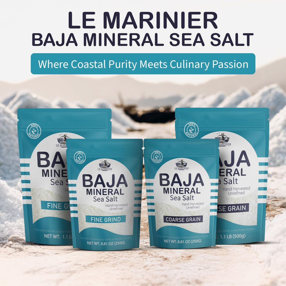 Le Marinier Baja salt product photography emphasizes eco-friendly reclaimed sea harvest.