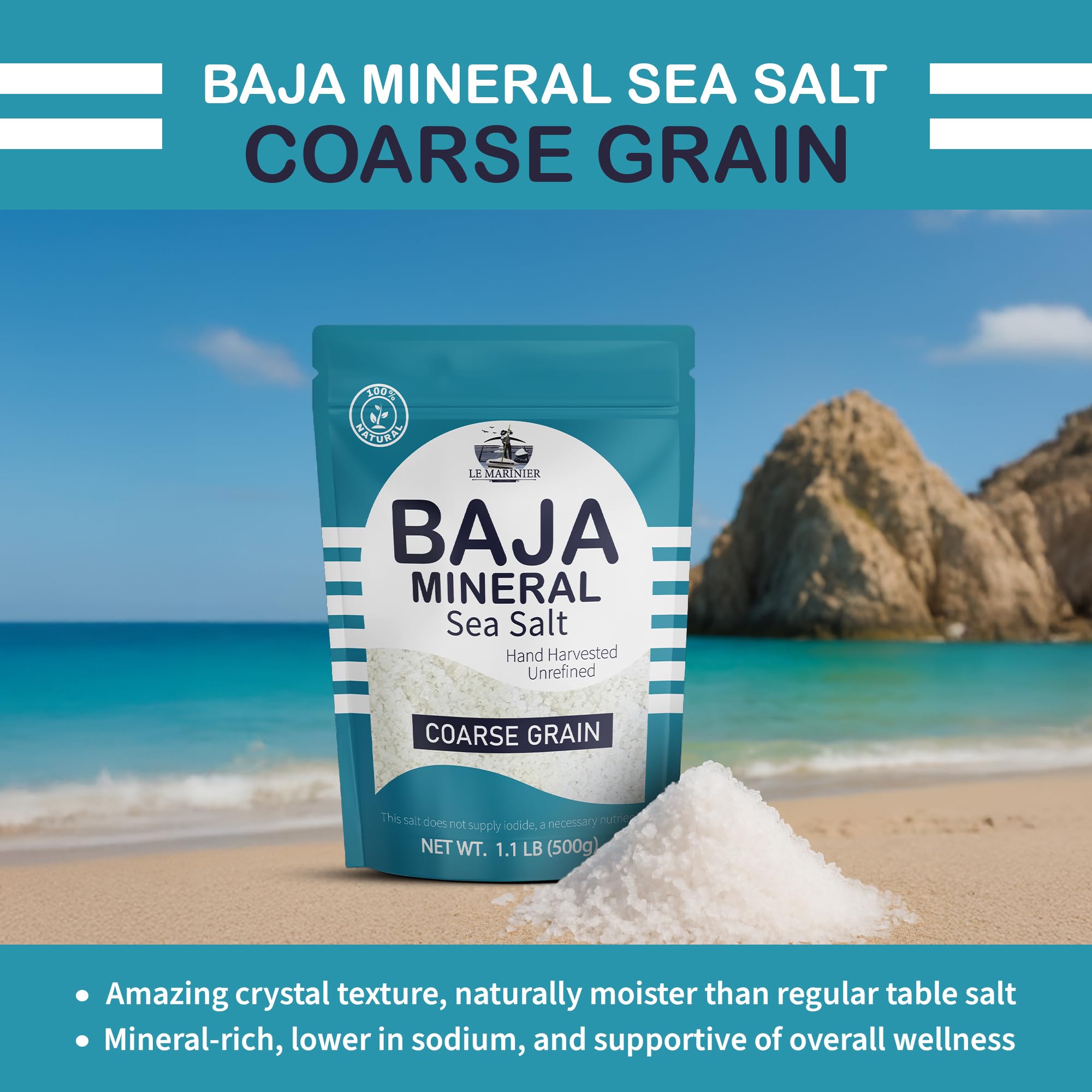 Le Marinier Baja salt packaging highlights natural, additive-free sourcing.