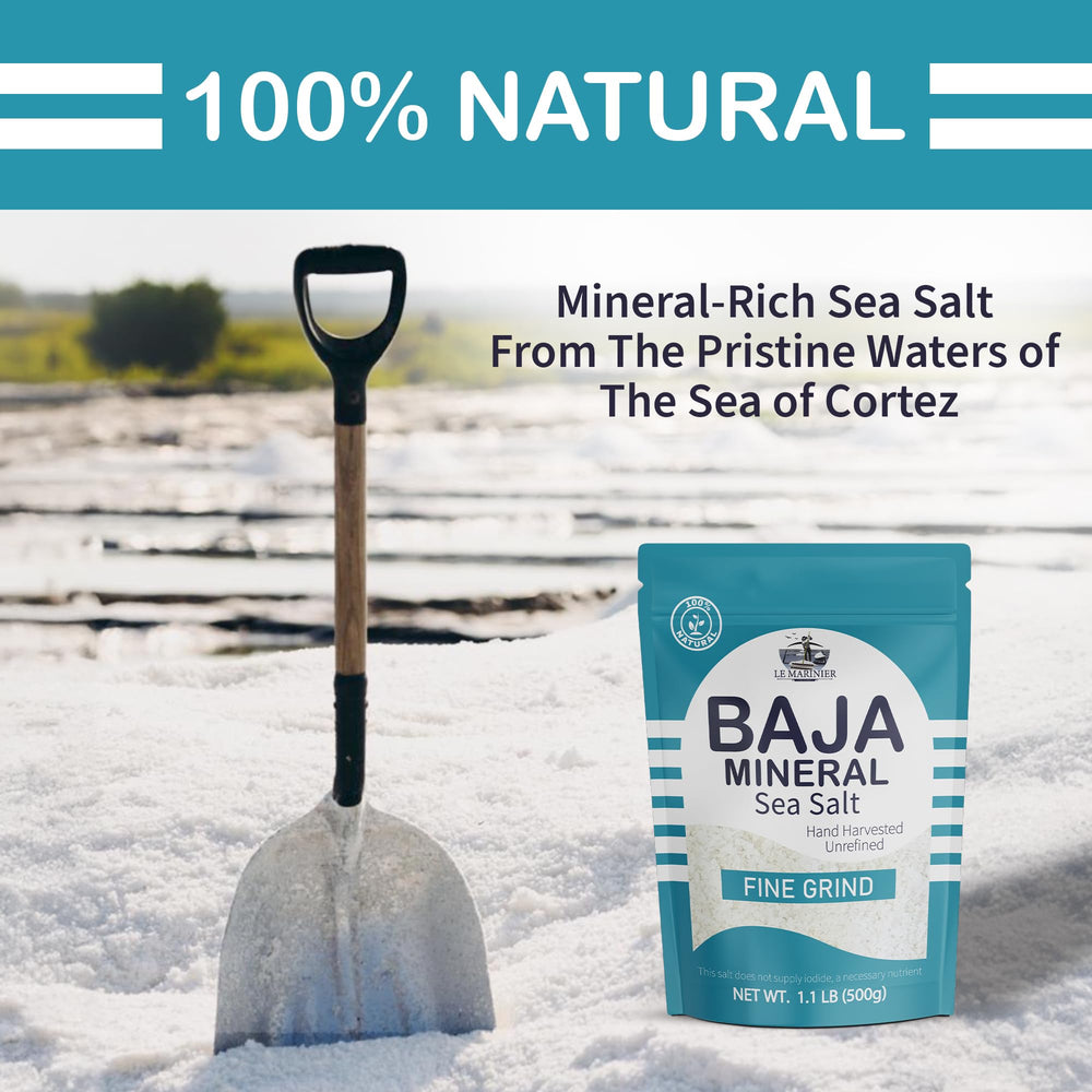 Pouring Le Marinier Baja Sea Salt delivers quick, even distribution for cooking.