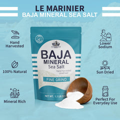 Le Marinier Baja Sea Salt shaker on the counter invites everyday seasoning.