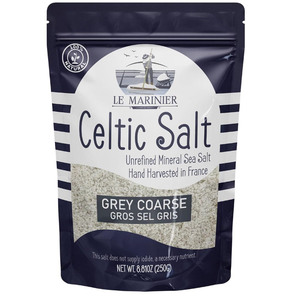 Le Marinier Celtic salt bottle close-up shows gray crystals ideal for finishing seafood.