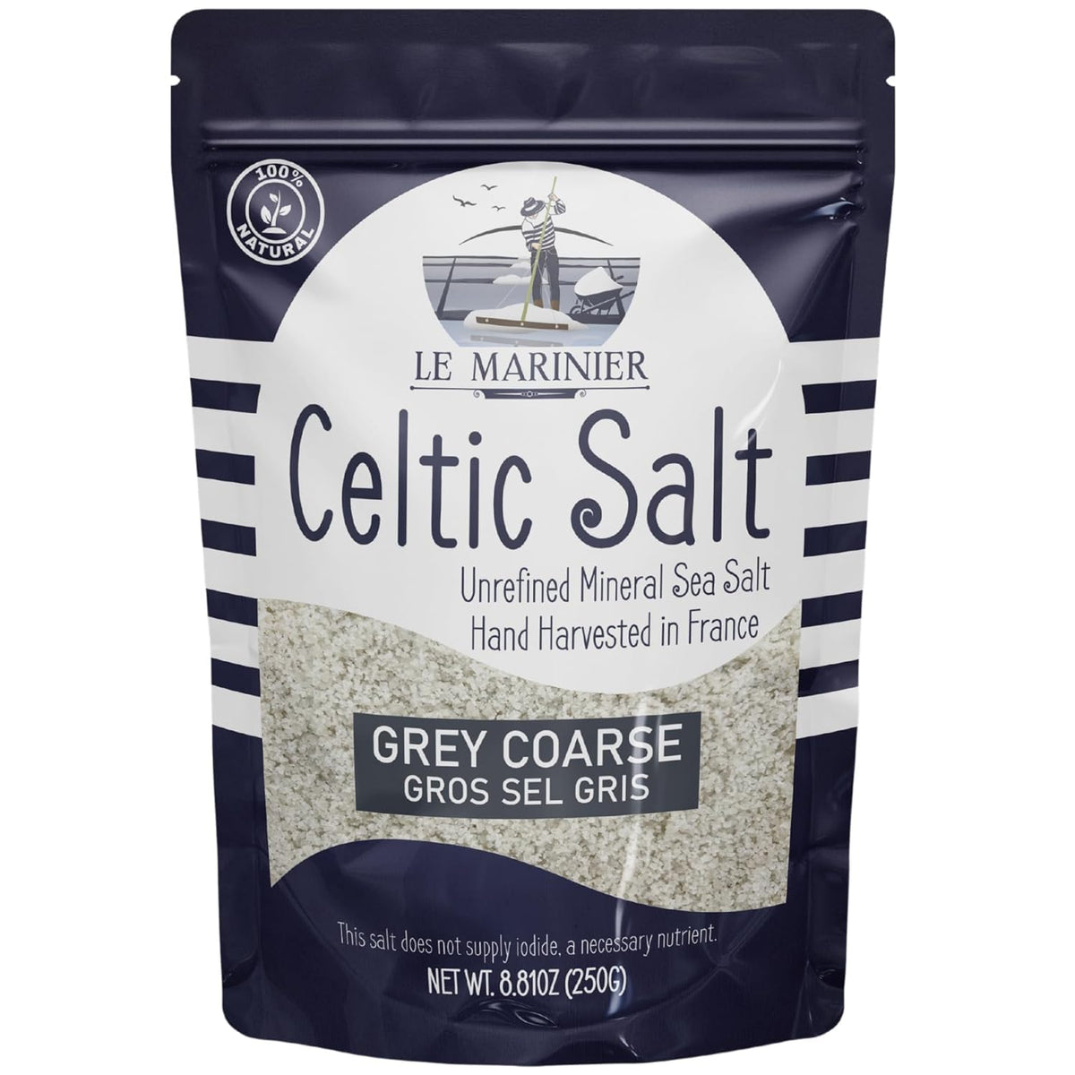 Le Marinier Celtic salt bottle close-up shows gray crystals ideal for finishing seafood.