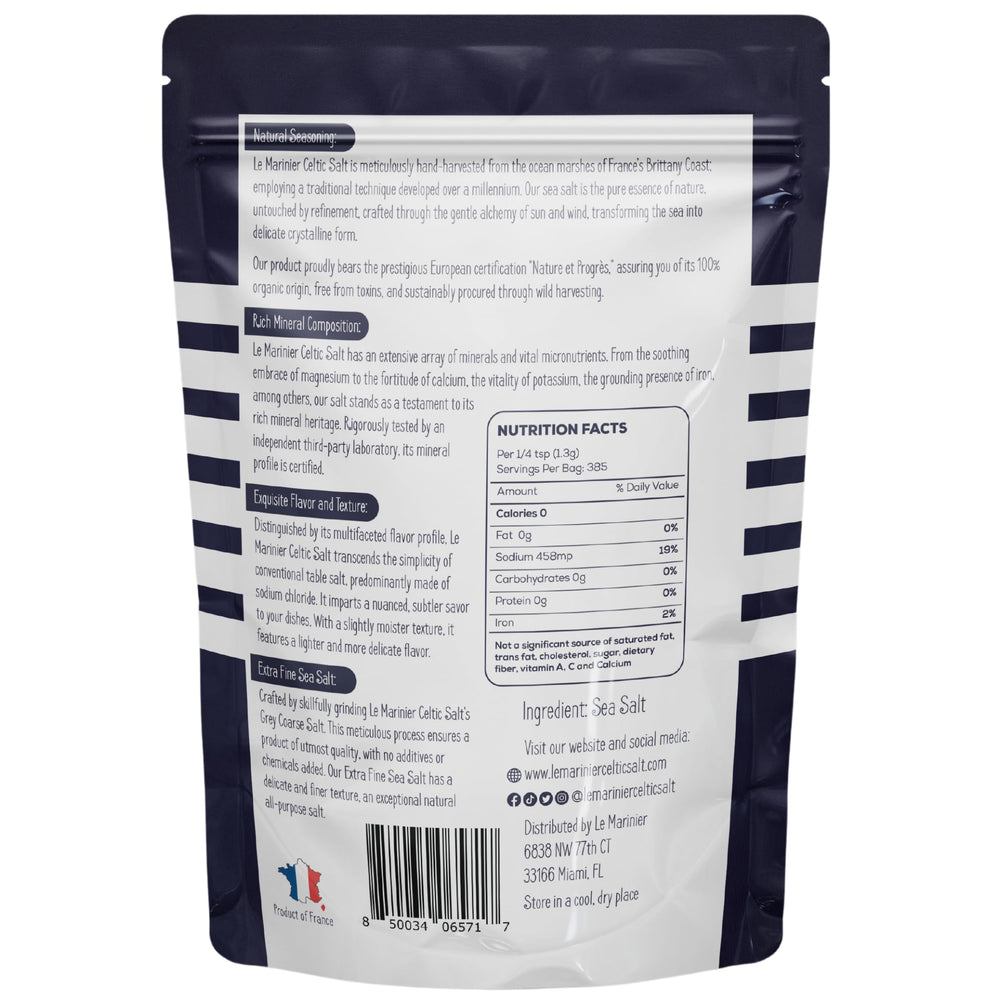 LE MARINIER Celtic Salt Extra Fine crystal closeup highlights subtle moisture and natural texture