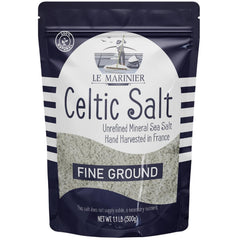 Le Marinier Celtic Salt fine-ground bottle shows mineral-rich seasoning for everyday cooking.