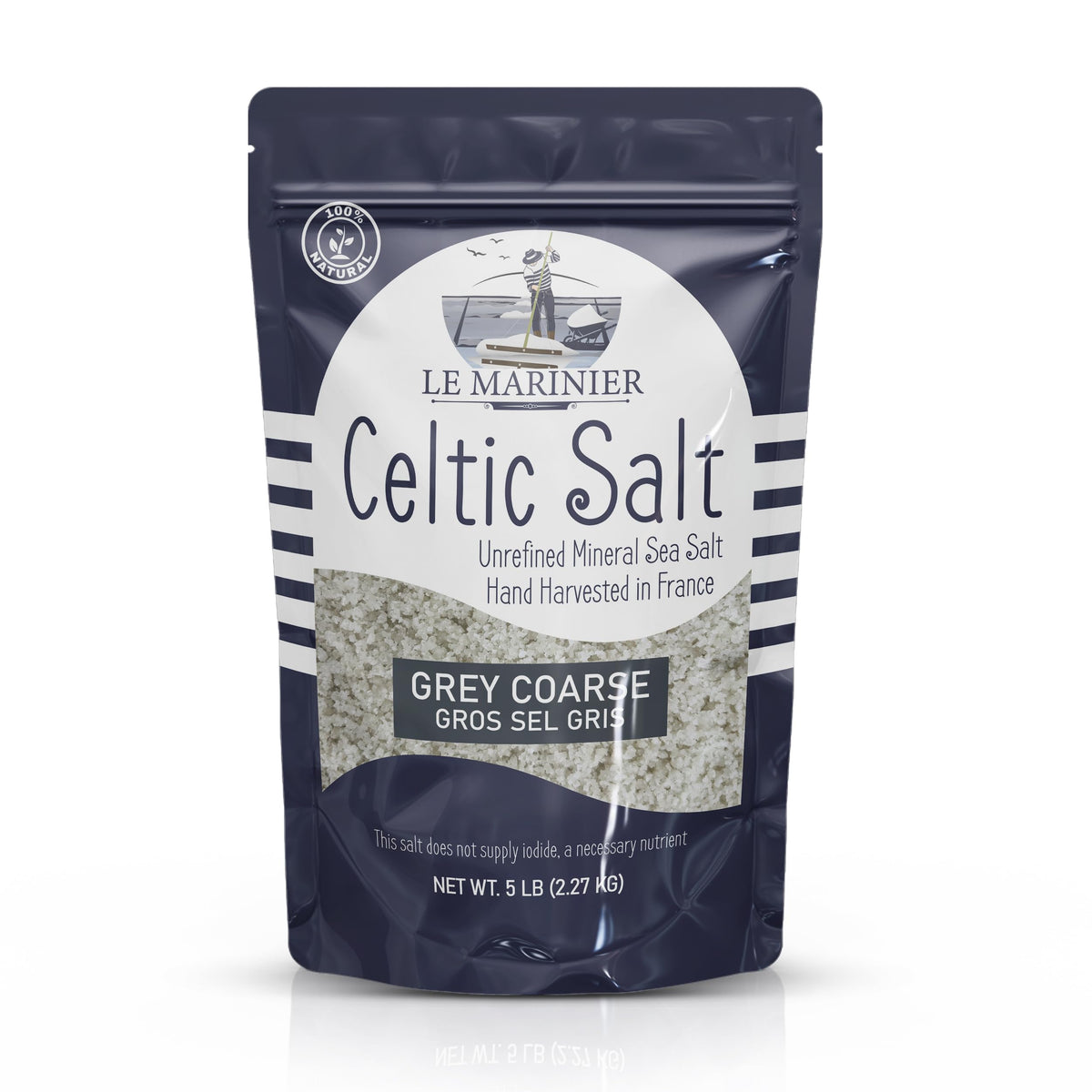 Le Marinier Celtic Salt Grey Coarse bottle highlighting mineral-rich flavor for finishing dishes