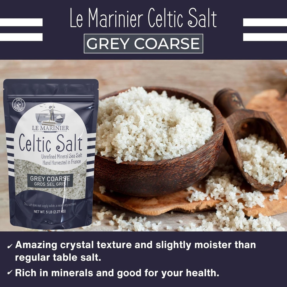Le Marinier Celtic Salt Grey Coarse on a dish to boost seafood flavor