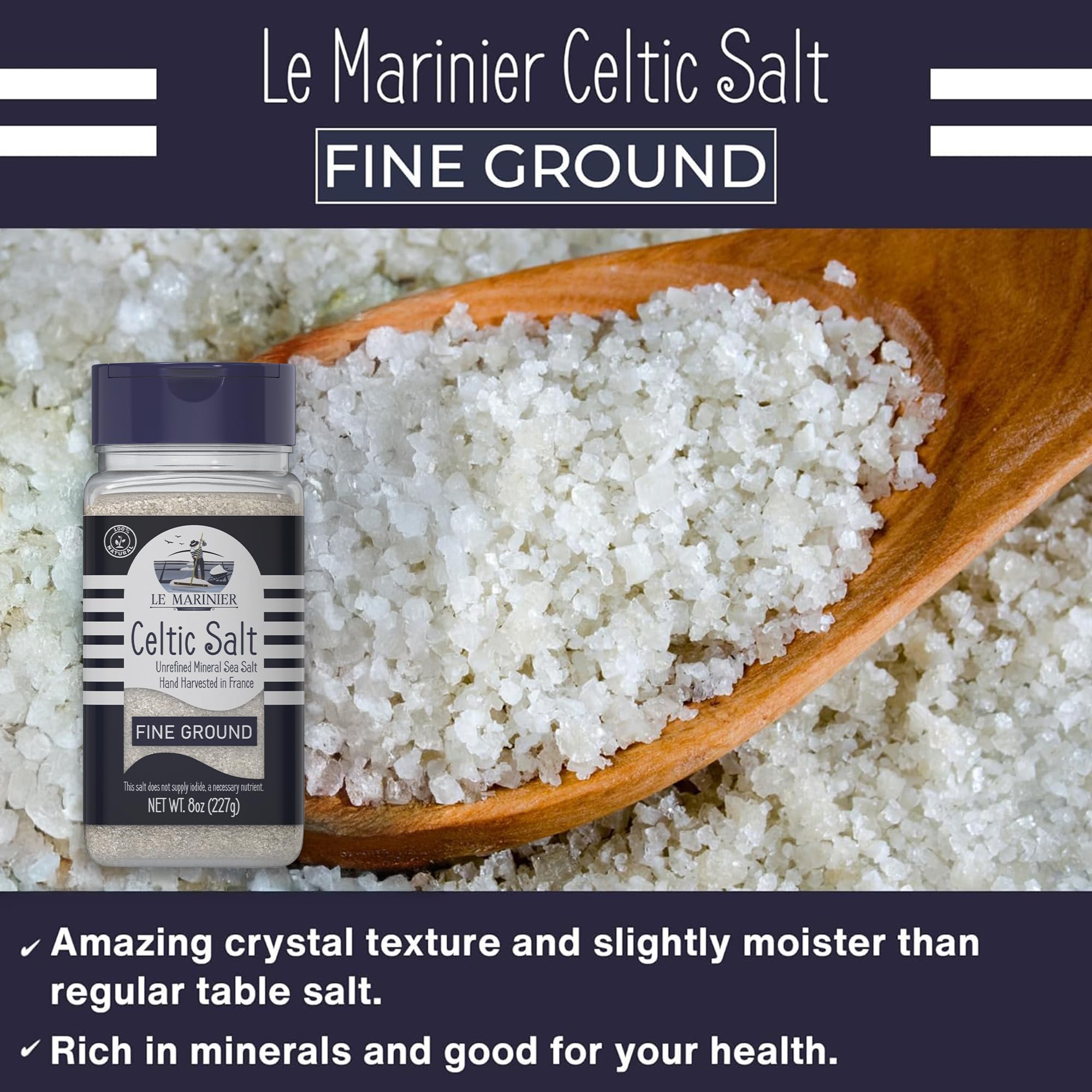 Le Marinier Celtic Salt crystals reveal mineral-rich composition for everyday cooking.